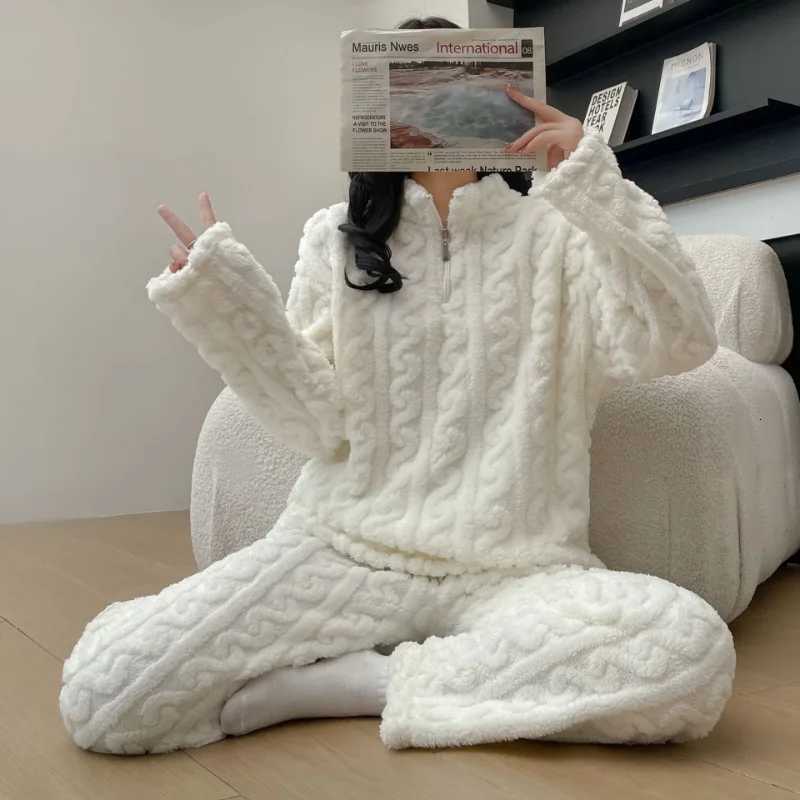 Thickened Pajama Pants Set Piece Set Womens Warm Coral Velvet Half Zip Long Sleeve Sleepwear Elastic Striped Jacquard Homewear Y251013