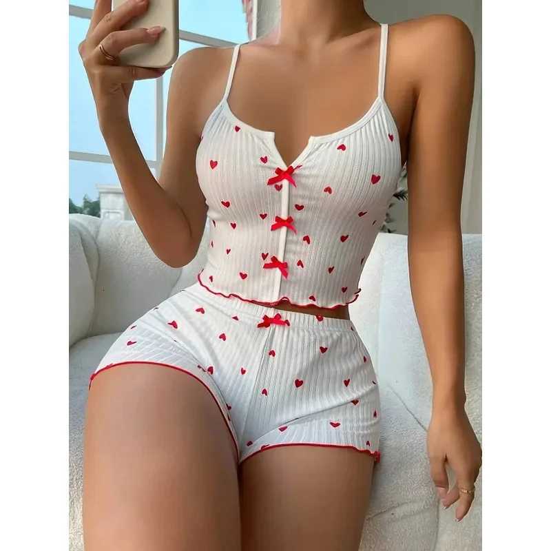 Sleepwear Women Pajamas Set Heart Print Soft Ribbed Fabric with Flirty Frill Trim Casual Cami Top and Shorts Sets LoungewearT251014