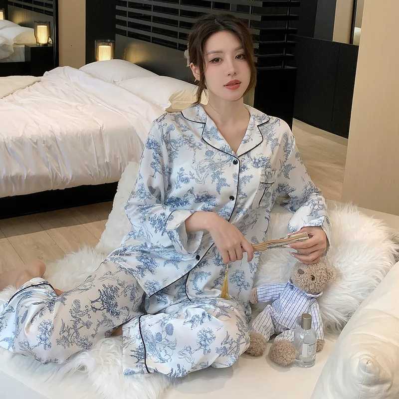 Womens New Arrival SilkFeel IceSilk Lightweight LongSleeve Pajama Set TwoPiece Comfortable Homewear SuitT251014