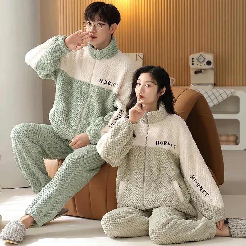 Coral Fleece Pajamas Couple Autumn and Winter Student Womens Thickened Warm Mens Flannel Loose Zipper Homewear Set pyjamasT251014