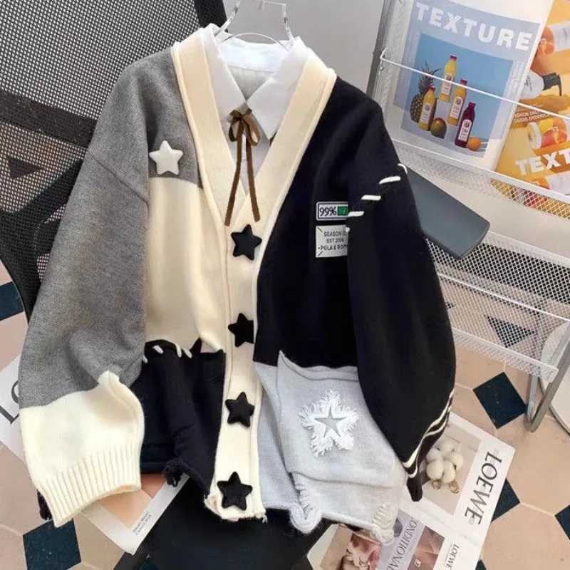 Womens Autumn Winter Personality Patchwork Star Sweater Cardigan Lady Casual Loose VNe Knitted Jaets New Coat Kntwear Top W251014