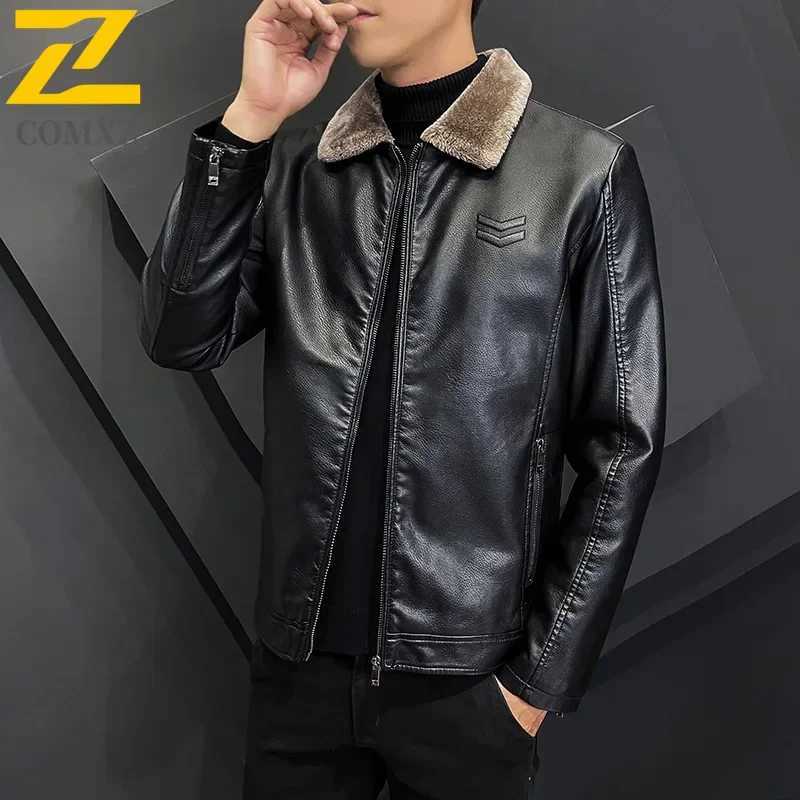 Winter Fashion Warmth Thickened Leather Jacket Lapel Solid Zipper Design Plus Size 4XLM WorkCoat Mens Leather Jacket J251014