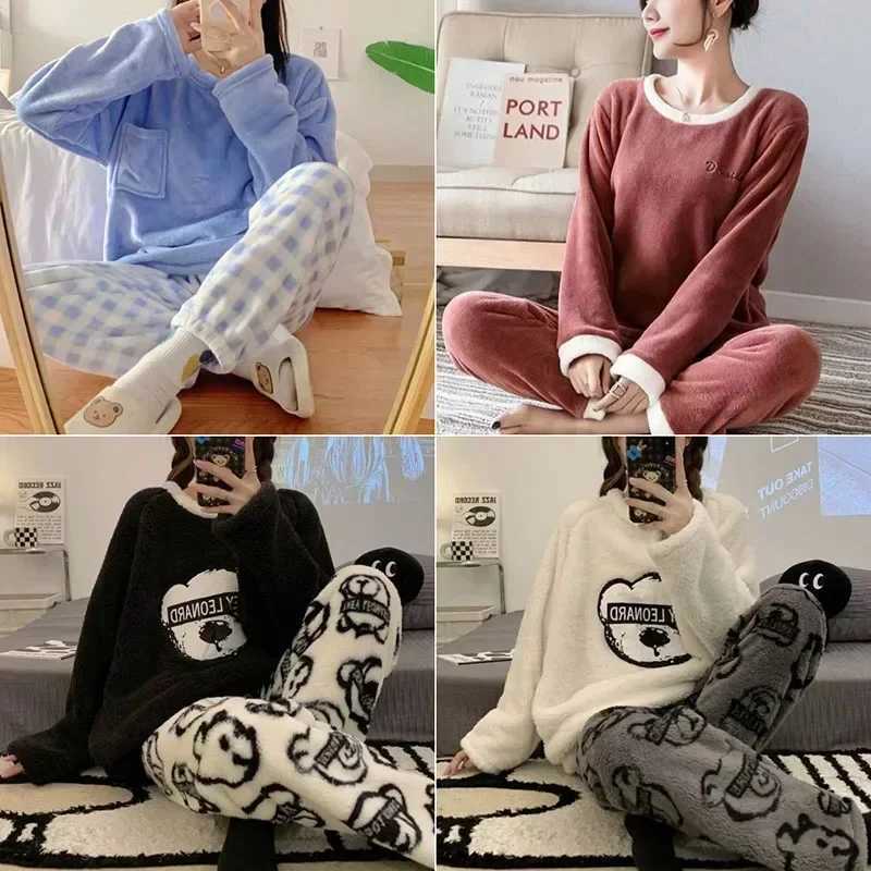 2PCSSet Thickened Warm Flannel Womens Pajamas Tops and Trousers Student Sleepwear Homewear Winter Cartoon Bear Nightwear Y251013