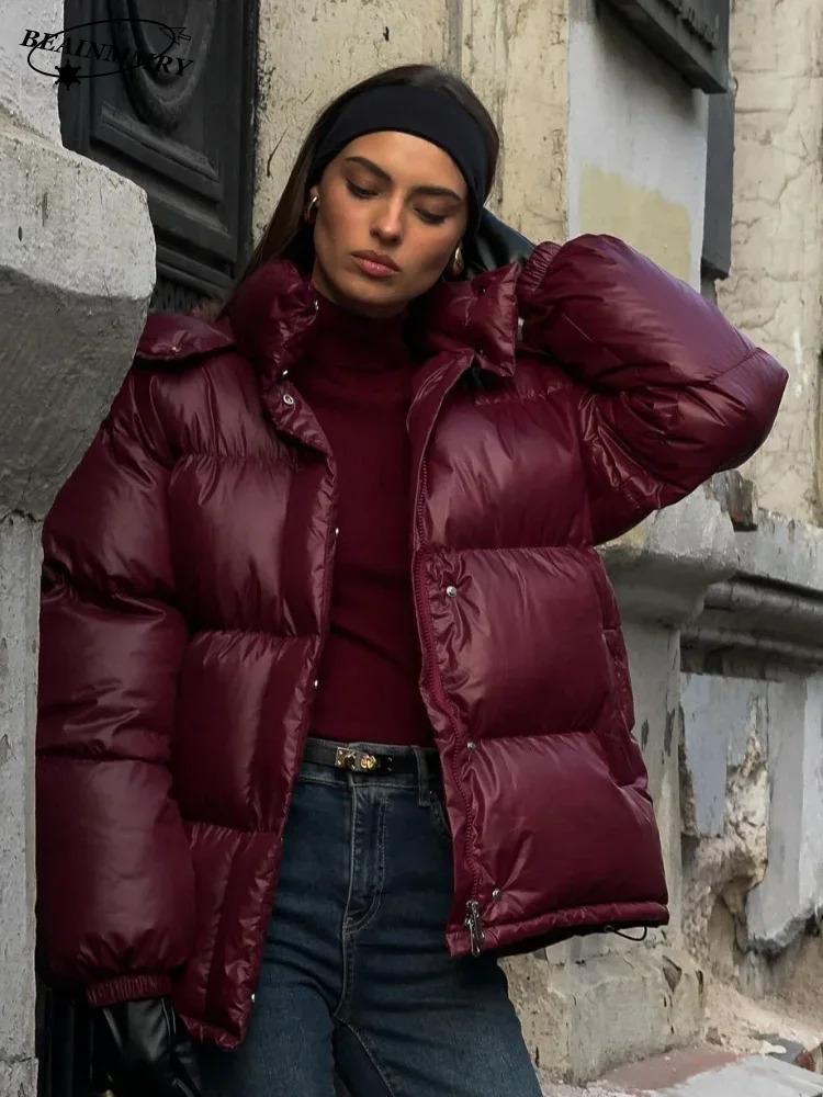 Fashion Burgundy Women Winter Hooded Cotton Jacket Vintage Solid Stand Collar Short Coat Lady Commute Street Outerwears 251011