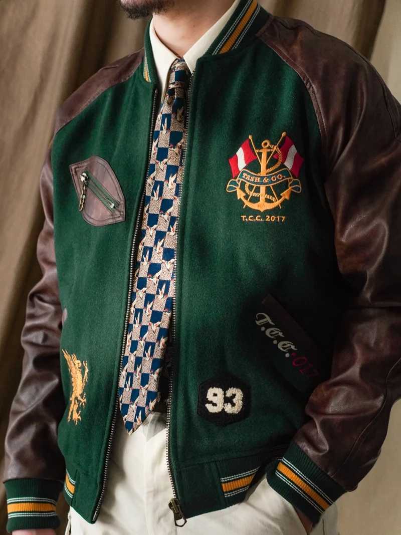 Vintage college wool baseball uniform leather embroidered jacket autumn and winter jacket ivy J251014