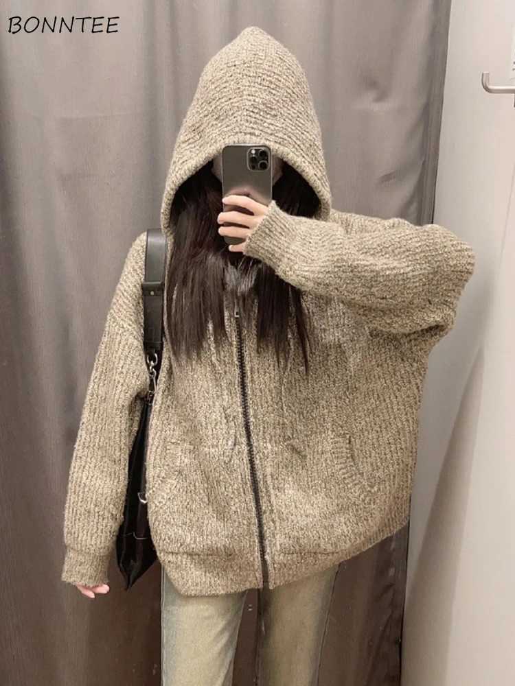 Hooded Cardigans Women Simple Cleanfit Sweater Aesetic Autumn Winter Coat Allmatch Outwear Baggy Slouchy Daily Ins W251014