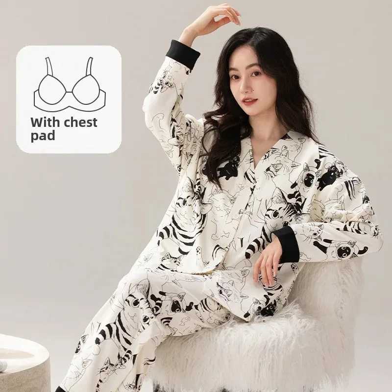 AutumnWinter Womens Long Sleeve Cotton Pajama Set With Chest Pad VNeck Design Cartoon Print Plus Size Home ClothingT251014