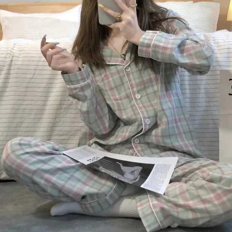 Pajamas Women Spring and Summer Long Sleeve Luscious Loungewear TwoPiece Set Ladies Cardigan Lapel Plaid Nightwear HomewearT251014