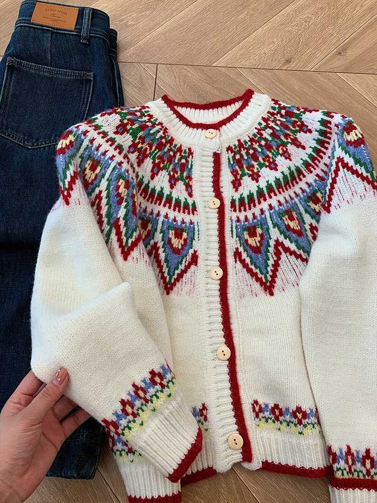 c Jacquard Knitted Sweater For Women Autumn Winter Round Ne Singlebreasted Cardigan Casual Short Outerwear W251014