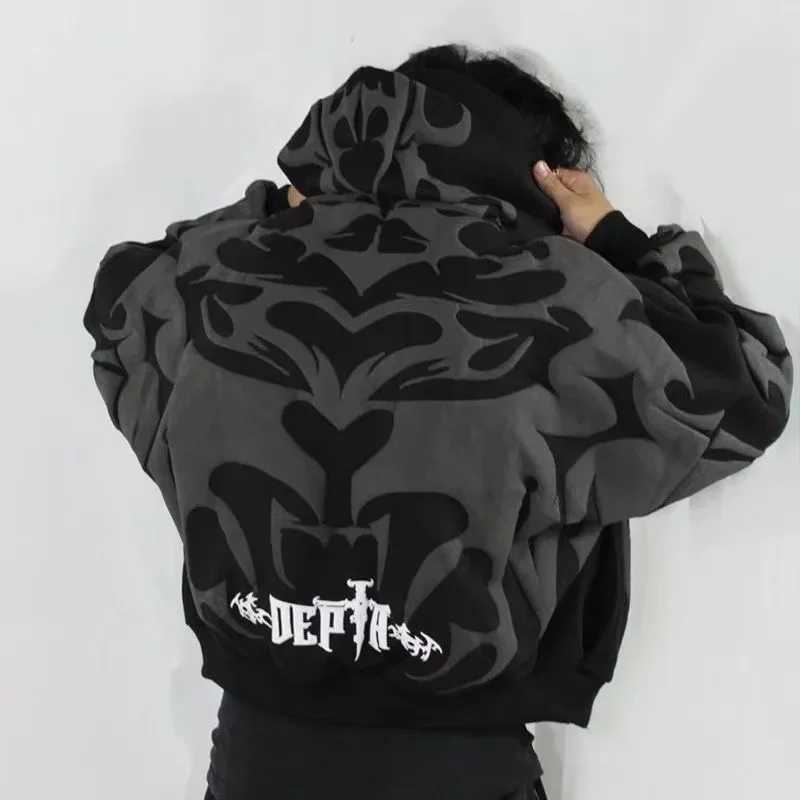 Tiger Gray Sweater Men High Street American Retro Hip Hop Y2K Zipper Hooded Sweater Couple Casual Sweatshirt Unisex Tops NewCoat J251203