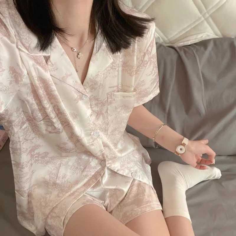 Cherry Print Pajamas Set for Women Summer Satin Two Piece Sleepwear Short Sleeve Shirt and Shorts Casual Fashion HomewearT251014