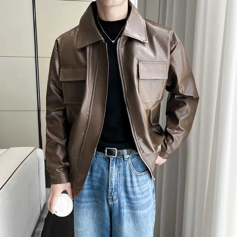 Highquality mens PU leather solid color windproof waterproof jacket daily fashion casual outerwear zipper leather jacket J251014