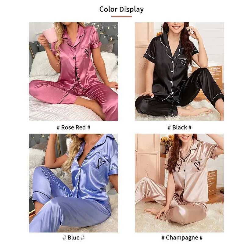 Womens Pajama Pocket Heart Embroidered Pajama Set Satin Comfortable Short Sleeve Button Pajama Lounge Pant For Women SleepwearT251014