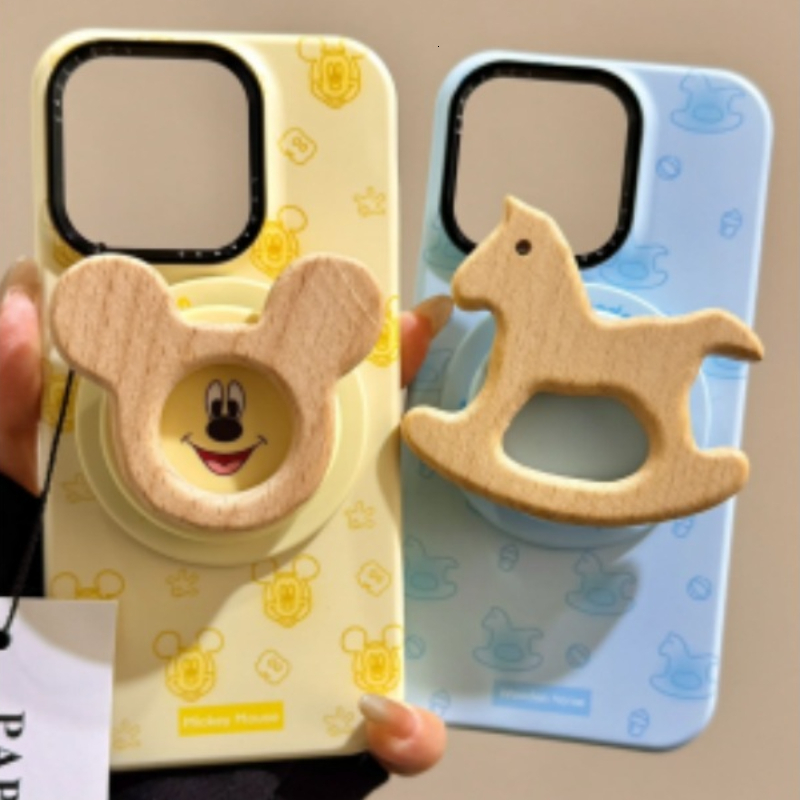 for iPhone 16 Pro Case with Yellow and Blue Background Pattern 3D Mouse Carousel Stand Leather Touch Comfortable Handcrafted Cover for iPhone