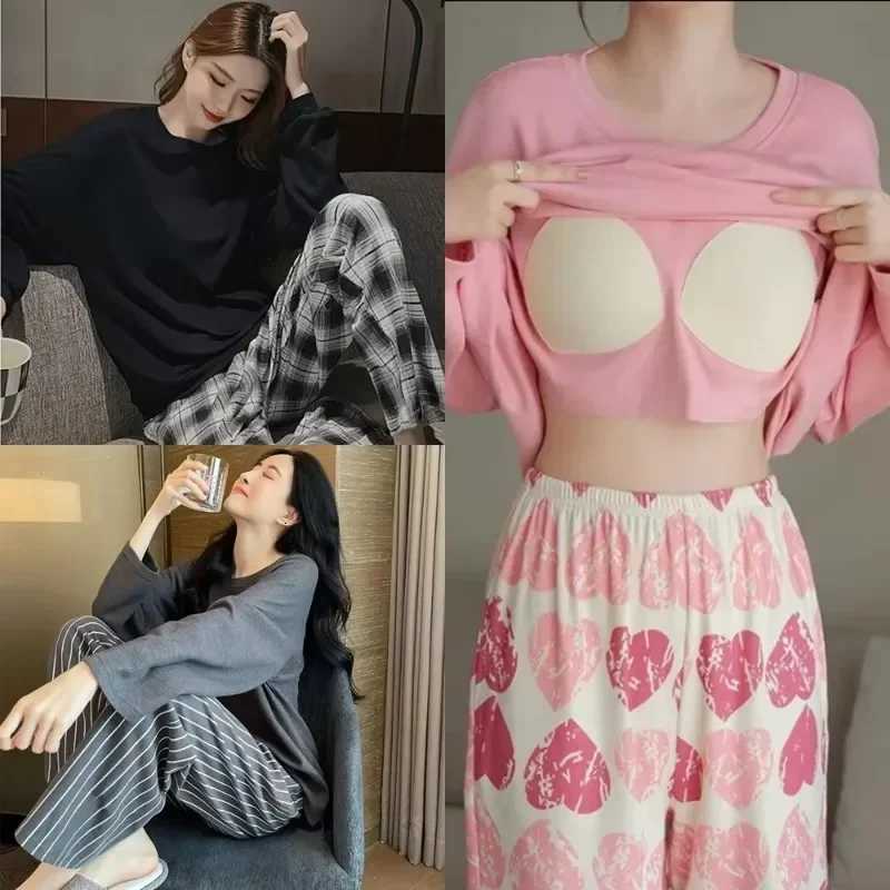 2PCSSet Women Big Size with Chest Pads Pajamas Spring Autumn and Winter LongSleeved Headset Loose Homewear Can Be Worn OutsideT251014