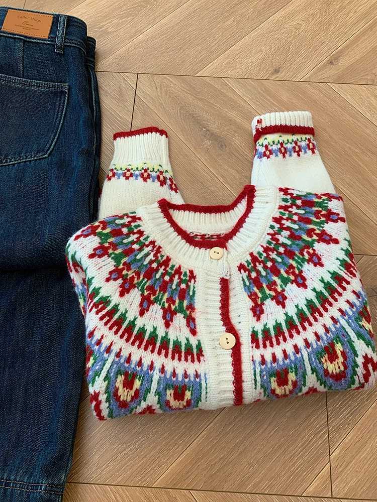 c Jacquard Knitted Sweater For Women Autumn Winter Round Ne Singlebreasted Cardigan Casual Short Outerwear W251014