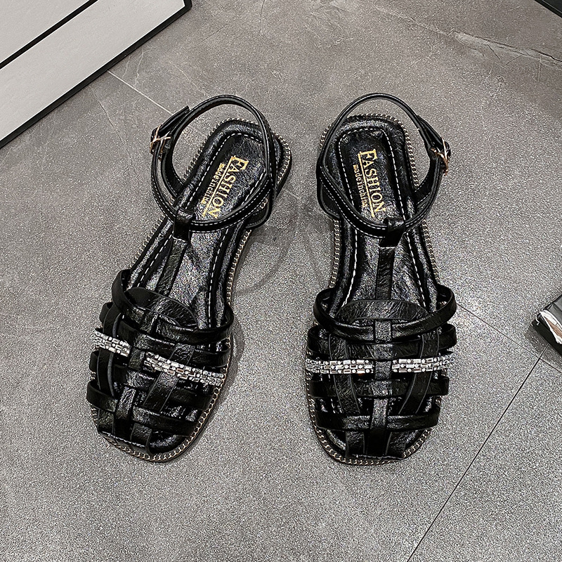 KIDMESTAR 2025 New Designer Slippers Women's Flat Slider Comfort Shoes, Casual Shoes Summer Sandals One-button Rhinestone Woven Niche Retro Beach