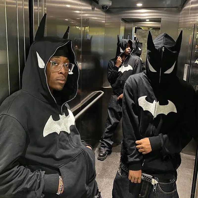 Gothic Bat Cartoon Flocking Print Hoodie Hip Hop European American Personality Rock Fashion Street Men Full Zipper Sweatshirt J251203