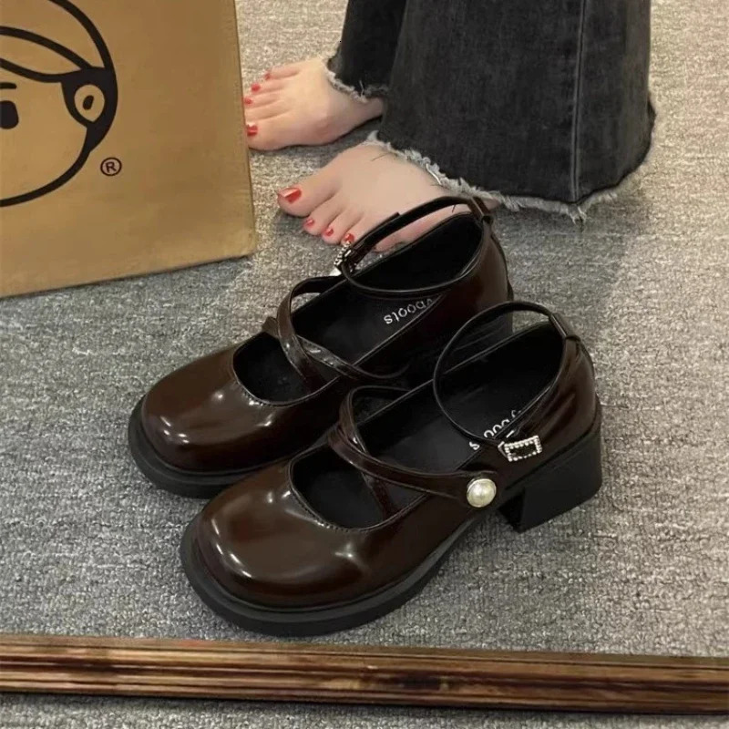 Womens Mary Jane Shoes Retro Brown Women High Heel Thick Heels Ankle Buckle Lolita Shoes Fashion Round Toe Leather Shoes Female 251010