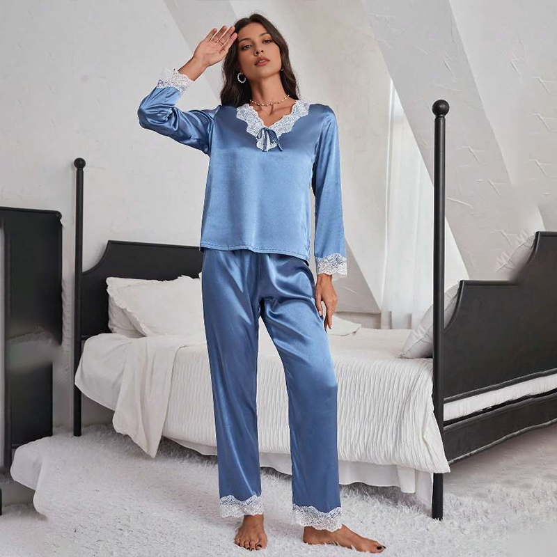 Women's Spring/Fall Silk Satin Lace Trim Tie-Waist Long-Sleeve Pajama Set