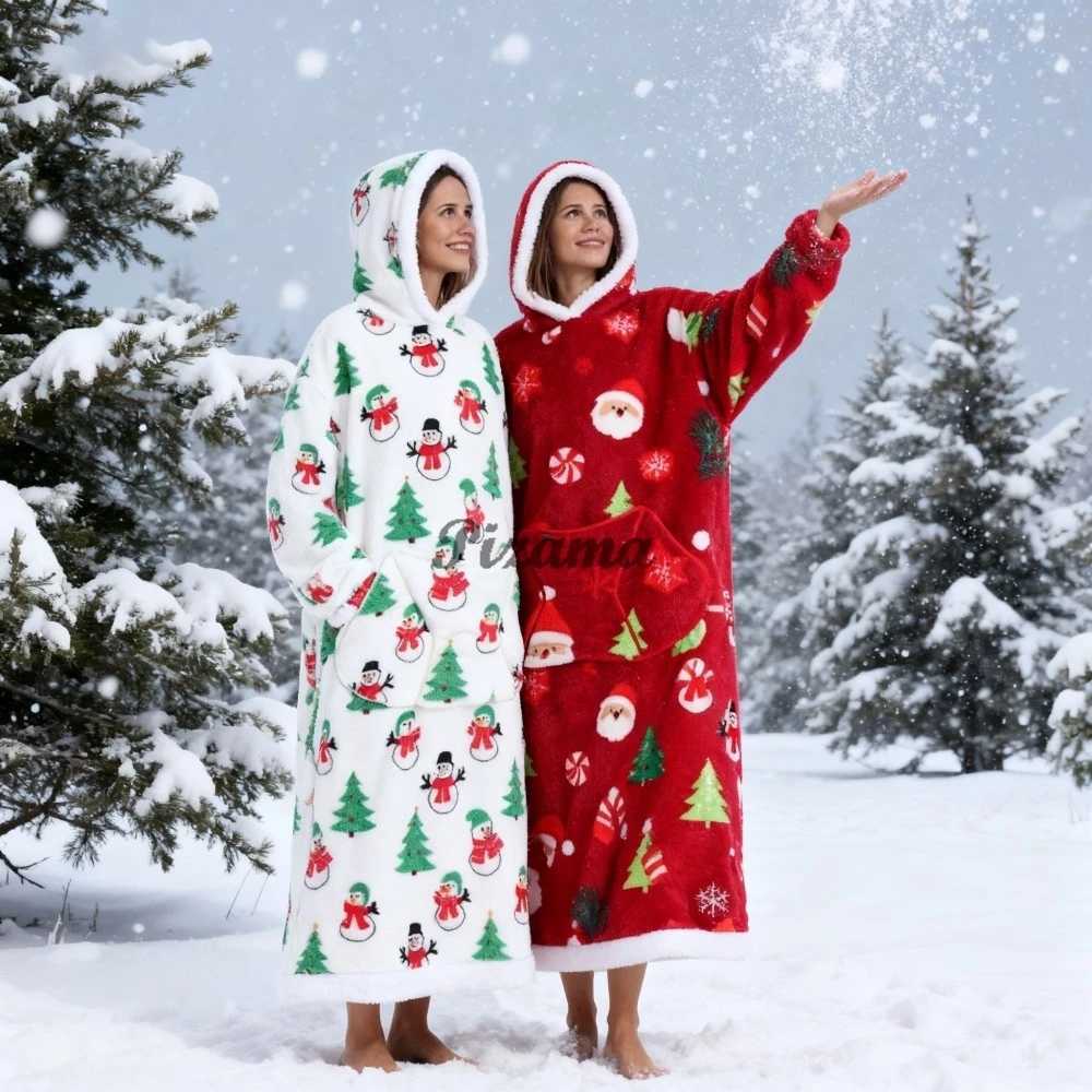 Winter Warm Flannel Thick Christmas Womens Robes Oversized Wearable TV Blankets Super Long Vestidos Night Robes Adult Bathrobe Y251013