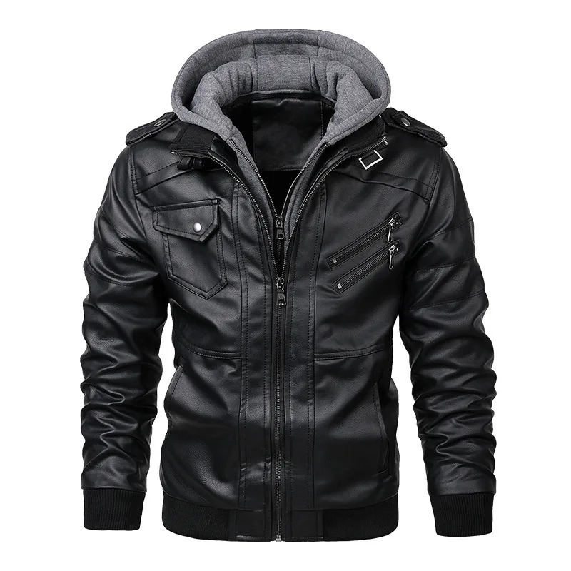 Men Jackets Two Leather Jacket Double Zipper Removable Hooded Biker Coat Male Cardigan Overcoat 251010
