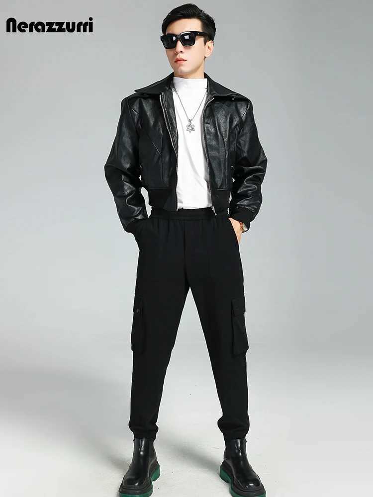 Nerazzurri Spring Autumn Cool Handsome Short Thickened Warm Soft Black Pu Leather Bomber Jacket Men Zipper Long Sleeve 2023 J251014