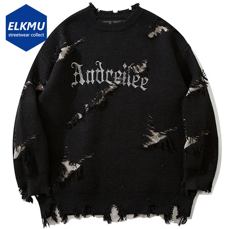 Vintage Ripped Sweaters Men Y2K Oversized Sweaters Knit Jumpers Streetwear Harajuku Hip Hop Sweaters Knitwear 251014