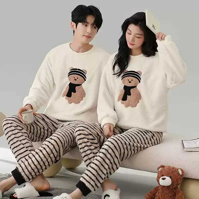 Coral Fleece Autumn and Winter Couple Pajamas Fleecelined Thickened Cartoon Sweet Flannel Winter Homewear Women Men NightwearT251014