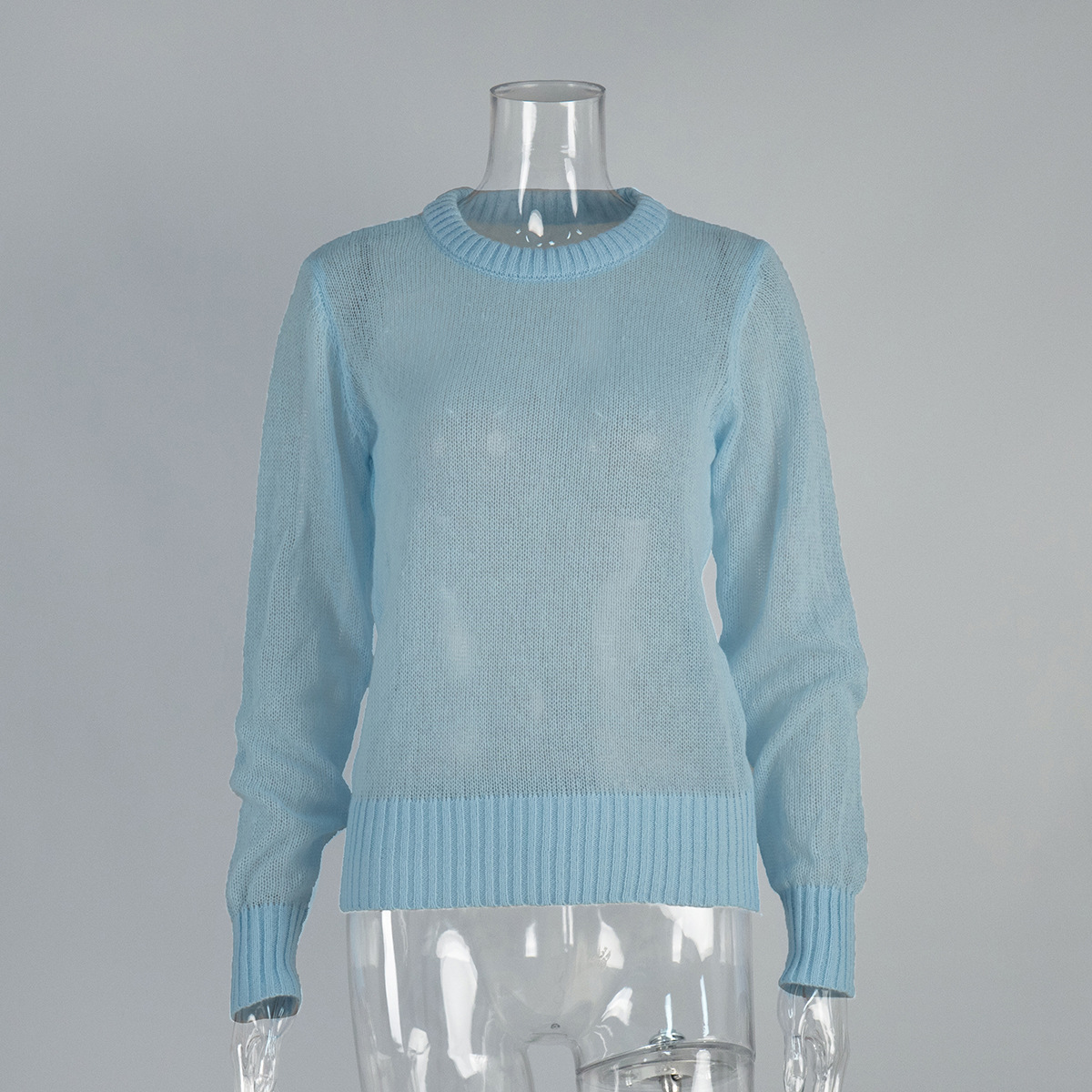 2025 Autumn Spring Women's Minimalist Solid Color Comfortable Sheer Round Neck Knit Wool Pullover Base Layer Sweater