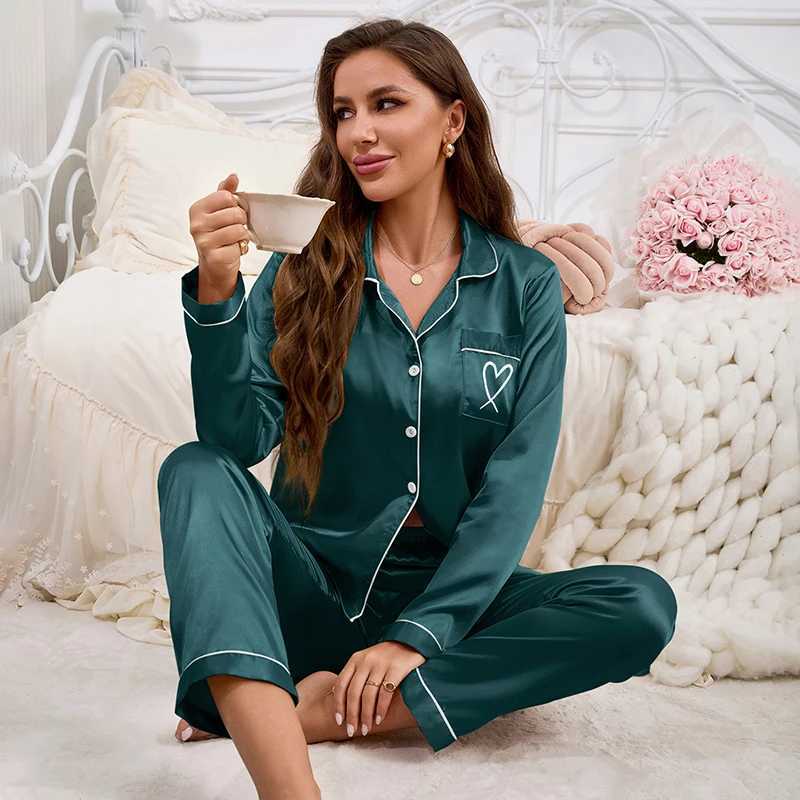 Autumn Satin Pajama for Women Heartshaped Embroidery Sleepwear Loungewear Long Sleeve Top Pants Home Clothes Pyjama 2 PieceT251014
