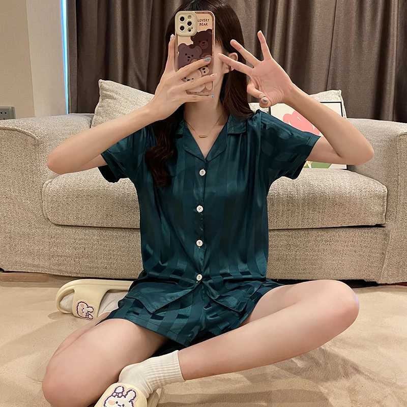 Silk Pajamas Women Summer Short Sleeve Shorts Suit Solid Satin Thin Ladies Large Size Casual Luxury Cardigan Homewear Sexy PjsT251014