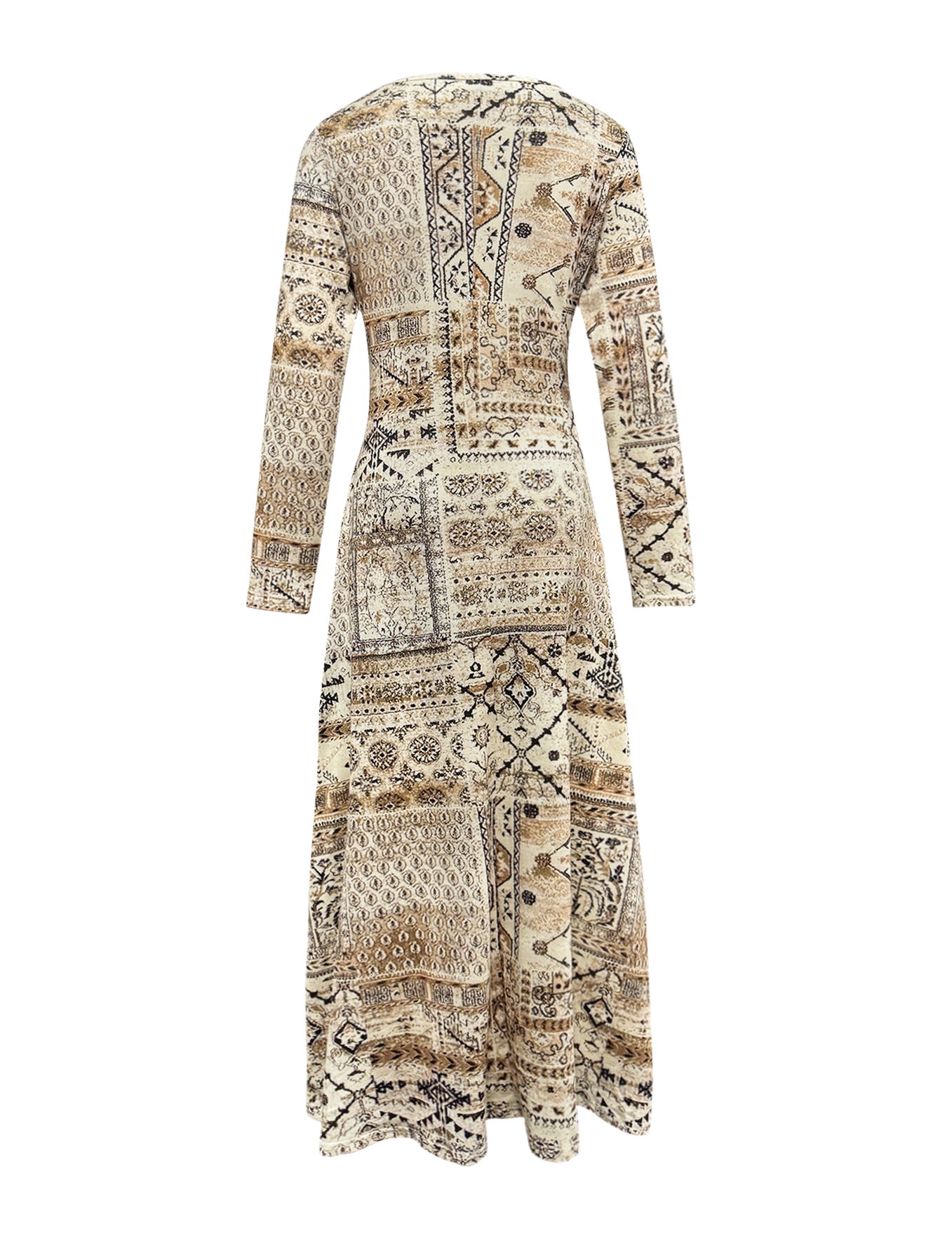 Women's Autumn Winter Fashion Mom's New Retro Khaki Ethnic Printed Maxi Dress - Suitable for Outing & Daily Wear-CF56317