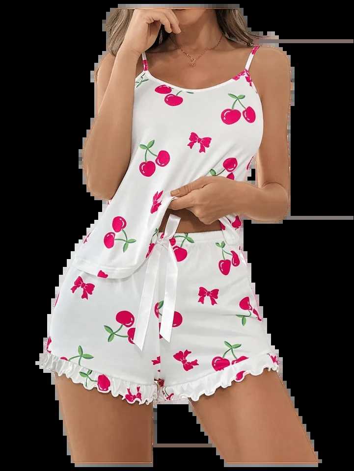 Cherry Print Women Pajama Set 2 Piece Sleepwear Cute Cami Top and Ruffle Shorts Nightwear Lounge Set Homewear for Women GirlsT251014
