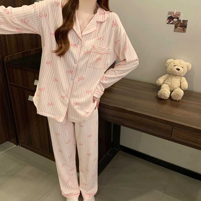 Pink Bow Dtie Design Pajamas for Women Long Sleeve Top Elastic Waist Pants Pajamas Set Harajuku Style Casual New Home WearT251014
