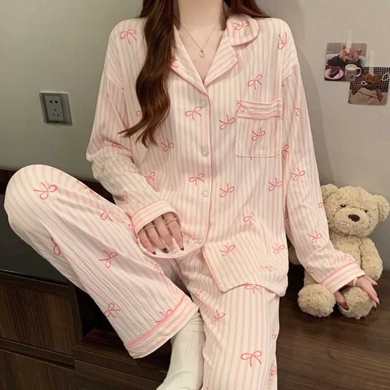 Spring and Autumn New Womens Wrinkled Cloth Pajamas Sweet Girl Students Striped LongSleeved Korean Casual Pajamas Homewear SetT251014