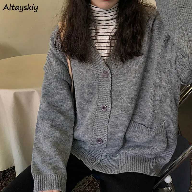 Cardigan Women Casual Sweater R Grey Solid Loose Poets Single Breasted VNe Trendy Allmatch Jumper Female Tops Outwear W251014