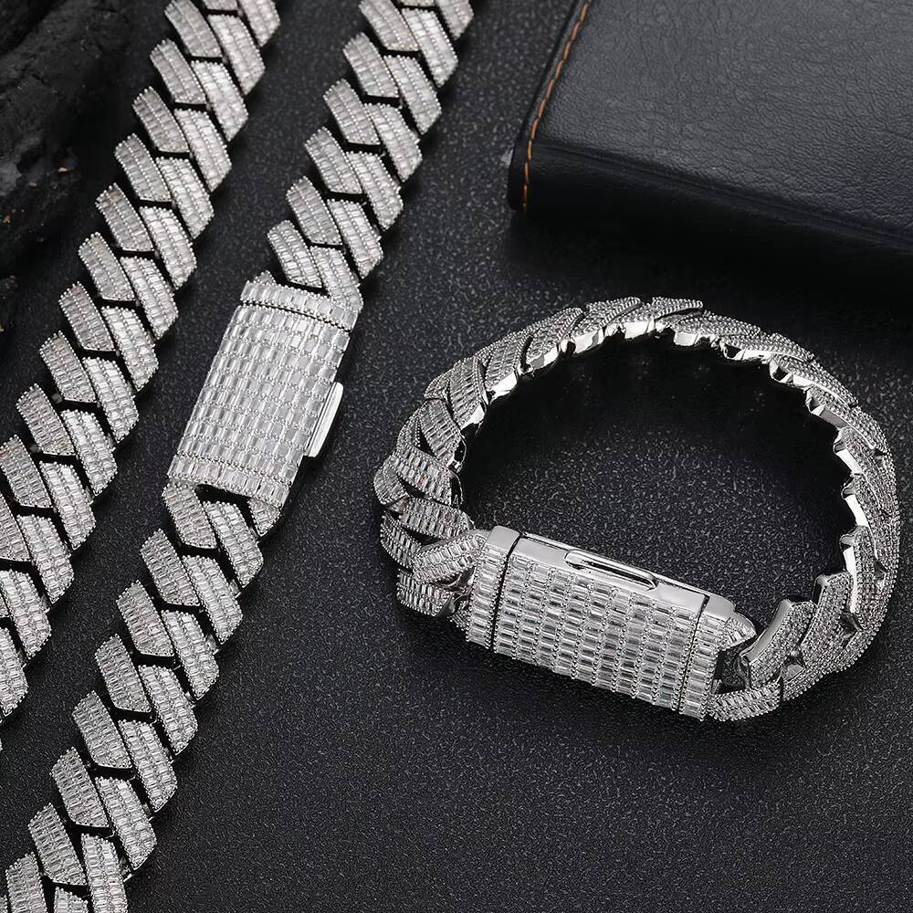 20mm Custom 925 Sterling Silver Hip Hop Jewelry Chunky Cuban Link Chains Men Women Iced Out Baguette Diamond Fine Necklaces