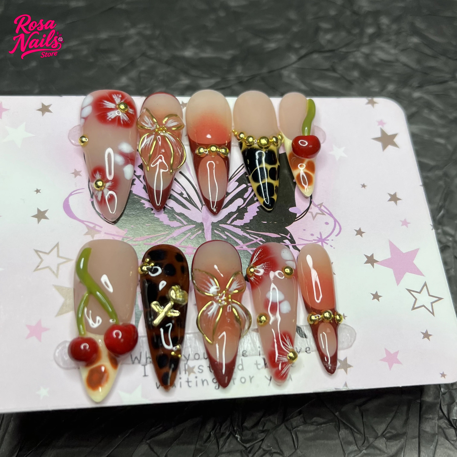 10pcs Handmade Press on Nails Long Stiletto 3D Cherry Press Ons Fall Autumn Gold Flower Golden Floral French Tips Nail Art Nails 251010