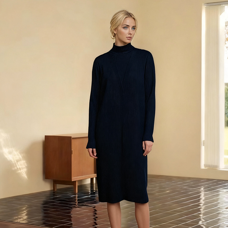 Women's Knits & Tees Women's Navy Blue Oversized Turtleneck Long - Knit Cardigan: Stylish & Cozy AS23-0909A