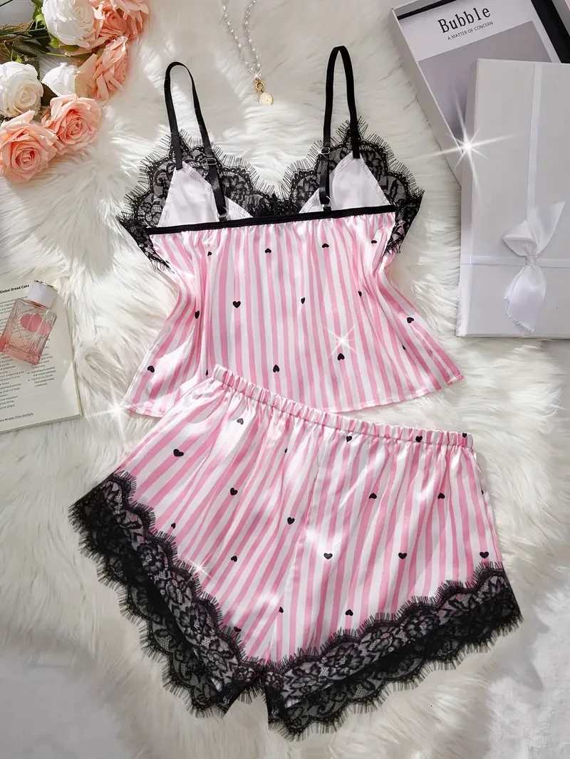 Summer Silk Satin Womens VNeck Sexy Lace Suspender Pajama Shorts Set Stripes Heart Casual Womens Sleeveless Sexy Pajama SetT251014