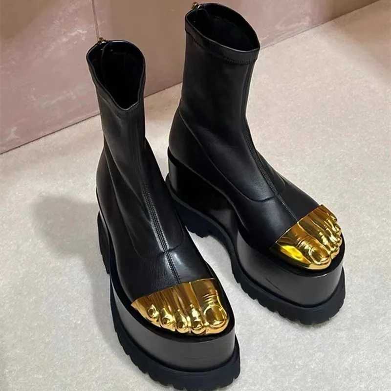 New Fashion Muffin Ankle Boots Solid Color Platform Thick Bottom Female Shoes Metal Decoration Designer Brand Cool Punk Zipper