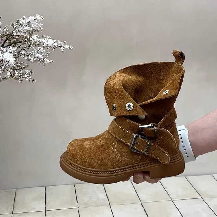 Girls Belt Buckle Design Motorcycle Boots 2025 Spring and Autumn New British Style Thick Heel Lightweight Midsole Boots C251014