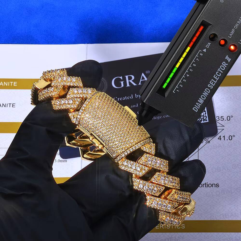 NUOYA VVS Moissanite Iced Out Cuban Chain Bracelet 20MM Width 925 Silver Gold Miami Heavy Link Luxury Hip Hop Jewelry