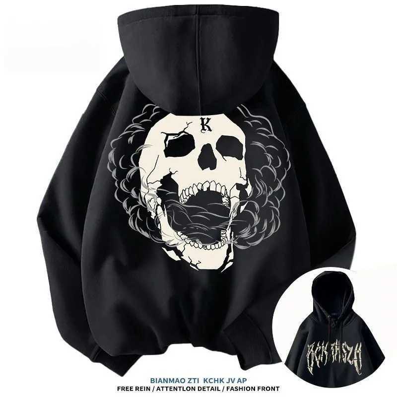 American Street Trendy Brand Skull Element Printed Fashion Trend Hoodie High Street Mens Casual Loose Hoodie With Hat J251014