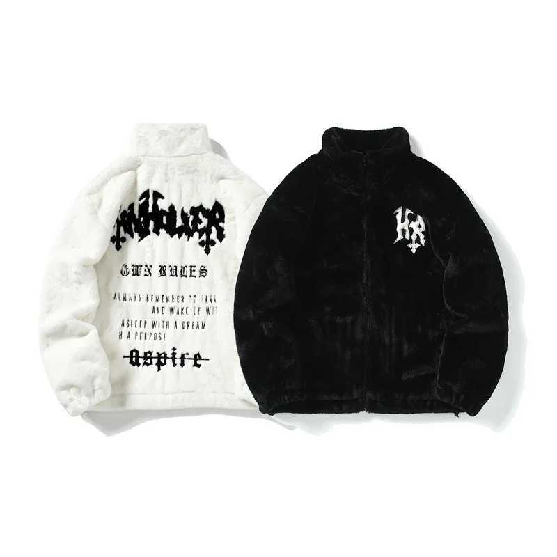 Men Rabbit Fur Jacket Coats Hip Hop Retro Letters Winter Fleece Jacket Streetwear Casual Harajuku Coat Zip Up Fashion Outerwear W251014