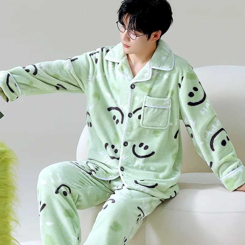 Cartoon Winter Pajamas Mens Open Cardigan Thiened Flannel Home Clothes Warm Spwear Long Sve Long Pants for Youth Y251013