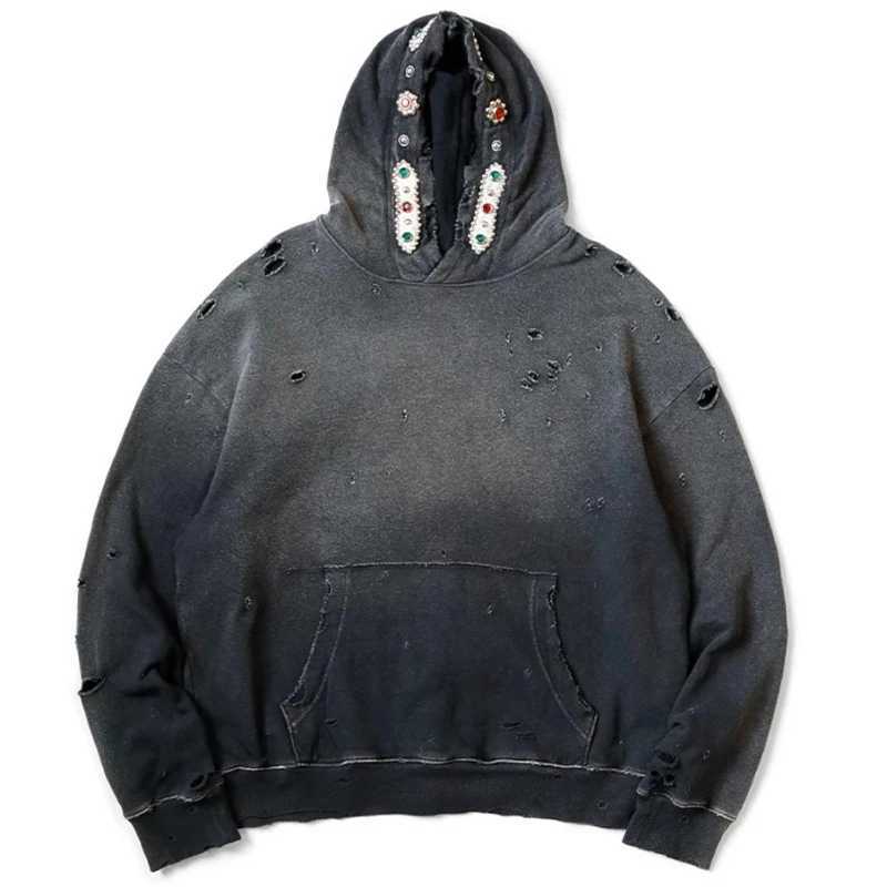 Men Wax Dyed Washed Distressed Hoodies Jacket Loose Hooded Sweatshirt Coat J251203