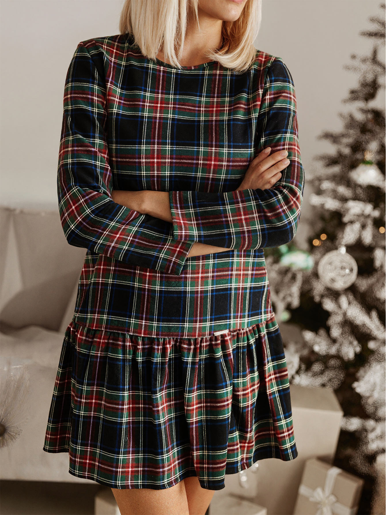 Women's Autumn Winter New Fashion Retro Plaid Long - Sleeve Crew Neck Slim & Elegant Midi Dress-CF51303