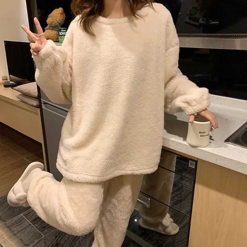 Winter Fleece Women Pajamas Set Sleepwear Solid Velvet 2 Piece Pant Home Suit Fluffy Casual Warm Flannel Night Wear Y251013